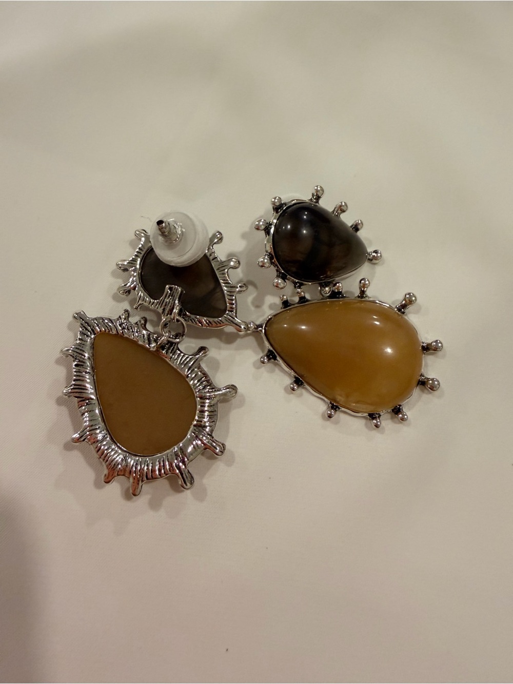 Black and Beige Double Teardrop Earrings - Picture 4 of 7